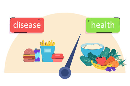 Fast food versus healthy vegetables and fruits. Vector illustration. Speedometer with arrow, choice between French fries, hamburger and healthy food, option between disease and health conceptのイラスト素材
