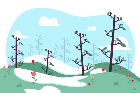 Early spring landscape vector illustration. Melting snow, trees with bright green leaves, tulips and green grass. Nature, season conceptのイラスト素材