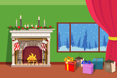 Cozy living room with fireplace with decorations, Christmas presents and winter scene outdoor. Vector illustration. Winter evening at home, Christmas interior conceptのイラスト素材