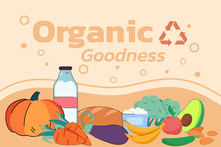 Organic goodness banner design with fruit, vegetables, dairy products. Fresh products, organic goods conceptのイラスト素材