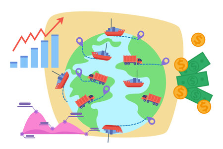 Earth globe with a lot of ships and trucks vector illustration. Logistical itinerary, destination points, money, growing chart. Increase in exports and imports, world logistics conceptのイラスト素材