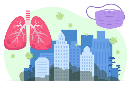 Virus attacking big city vector illustration. Healthy human lungs and medical protective mask. Lung disease, epidemic, walking pneumonia conceptのイラスト素材