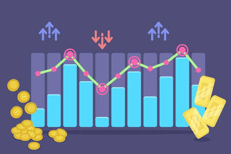 Rise of prices for Bitcoins and gold vector illustration. Diagram showing increase of prices for Bitcoins and gold bars. Economy, finance conceptのイラスト素材