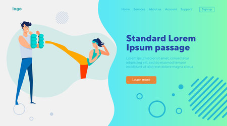 Woman practicing kicking. Fight trainer training customer, exercising, kickboxing flat vector illustration. Sport, activity, lifestyle concept for banner, website design or landing web pageのイラスト素材