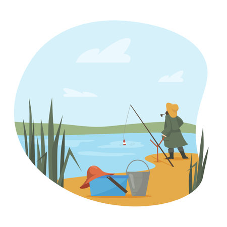 Fisherman catching fish in lake with rode vector illustration. Lake landscape with fishing gears. Hobby, leisure activities, nature concept.のイラスト素材