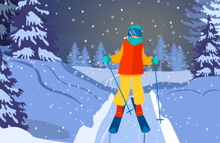 Person practicing skiing in winter forest. Skier wearing mask, holding poles flat vector illustration. Vacation, recreation, slope, ski resort concept. winter landscapeのイラスト素材