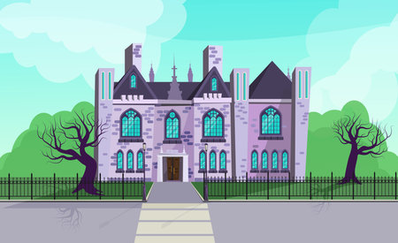 Gothic mansion cartoon vector illustration. Old stone building with fencing. Witch house, Halloween, fairy tale conceptのイラスト素材
