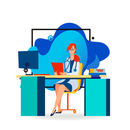 Female doctor at her workplace. Woman in white coat at computer, practitioner flat vector illustration. Medical occupation, hospital concept for banner, website design or landing web pageのイラスト素材
