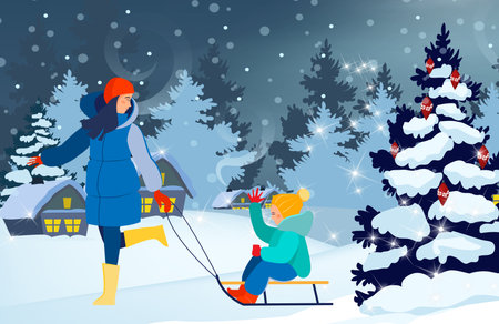 Young woman pulling sledge with kid. Mom and little son enjoying winter activity flat vector illustration. Country houses and snowy trees on background. Family, lifestyle, leisure conceptのイラスト素材