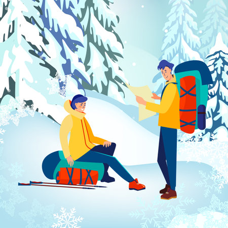 Young tourists studying map in snowy forest. Man and woman with backpacks, trekking, camping flat vector illustration. Adventure, travel, winter activity, lifestyle conceptのイラスト素材