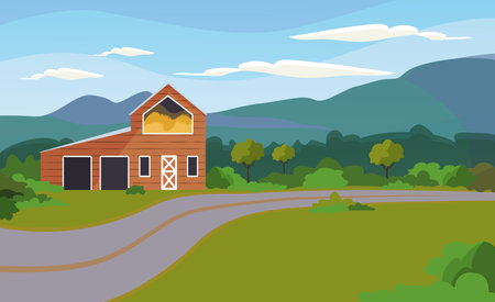 Rural landscape with farm house, country road, green trees, hills and clouds in sky. Vector illustration. Countryside, farm, nature conceptのイラスト素材