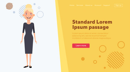 Stylish lady in balck dress flat vector illustration. Young businesswoman with hairstyle. Lifestyle, business success concept for web design, banner or landing pageのイラスト素材