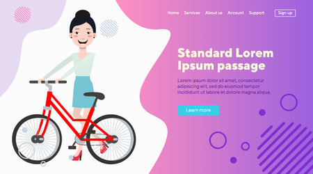 Young woman with bicycle flat vector illustartion. Happy Asian girl riding bike. Cycling, sport, transport concept for web design, banner or landing pageのイラスト素材