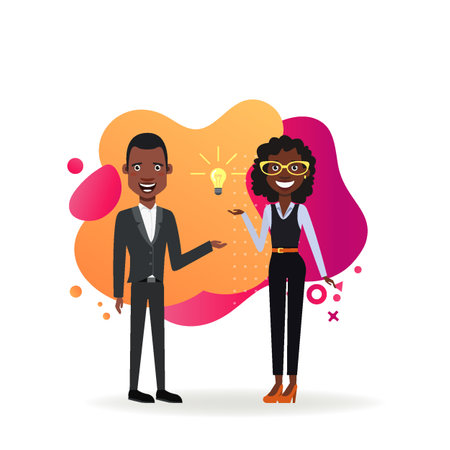 Business team with light bulb as new idea symbol. Flat vector illustration. African American woman and man working as team. Business startup, marketing, teamwork concept for banner, web designのイラスト素材