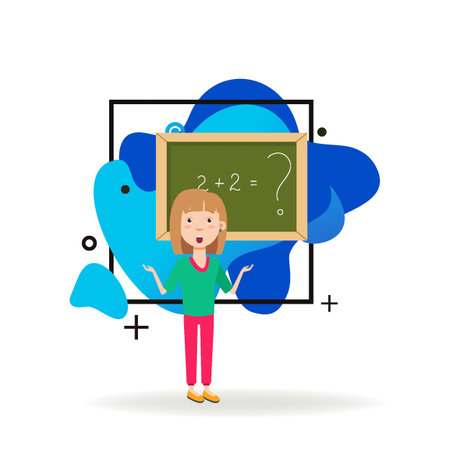 Confused schoolgirl at blackboard. Girl cannot solve math problem. Flat vector illustration. School, education, studying concept for website design, banner or landing pageのイラスト素材