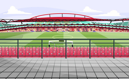 Huge soccer stadium. Vector illustration. Stadium with retractable roof and green football field. Red seats, cloudy sky. Sport, building conceptのイラスト素材