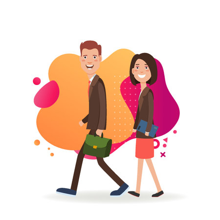 Business team going to work. Man with briefcase and woman with documents. Vector illustration. Teamwork, colleague, office staff, work concept for web design, banner or landing pageのイラスト素材
