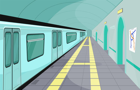 Subway platform interior design. Flat vector illustration. Train station with subway car on railways. Underground, transportation, public transport conceptのイラスト素材