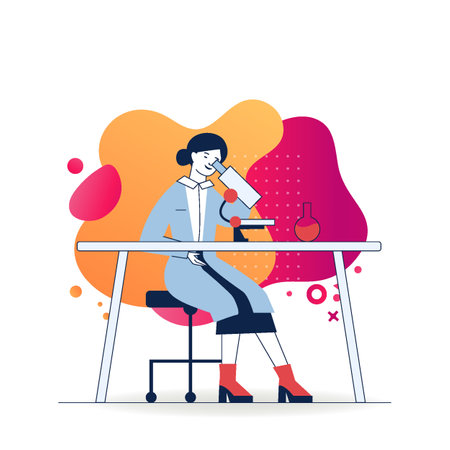Female assistant doing lab research. Woman in white coat using microscope at table with flask flat vector illustration. Laboratory, biochemistry concept for banner, website design or landing web pageのイラスト素材