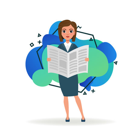 Businesswoman with newspaper. Female character in formal wear reading magazine. Flat vector illustration. Correspondence, news concept for banner, web design or landing pageのイラスト素材