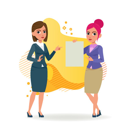 Female colleagues with blank document. Business characters in formal wear pointing at sheet of paper. Flat vector illustration. Business, advertising, agreement concept for website or landing designのイラスト素材