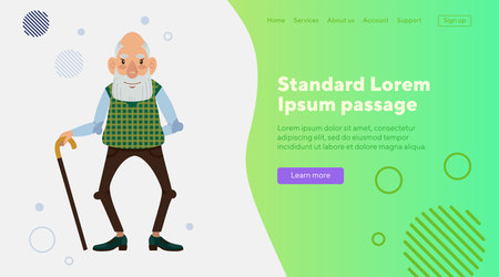 Old man with stick flat vector illustration. Grandfather with gray hair and beard. Senior man, healthcare, old age concept for banner, website design or landing pageのイラスト素材