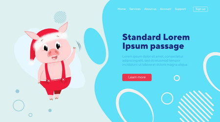 Cartoon piggy in Santa hat design element. Vector illustration of piglet waving in red jumpers. Christmas, holiday, festival concept c be used for website design, banner or landing pageのイラスト素材