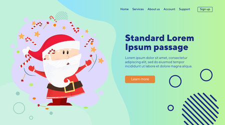 Cute Santa Claus juggling with sweets. Christmas show and sweets concept. Vector illustration can be used for banner design, festive poster, landing pageのイラスト素材