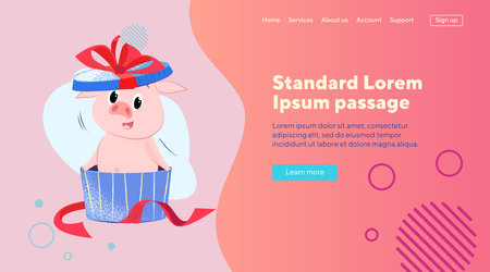 Joyful pig sitting in box like present. Symbol of year, animal, New Year, gift, holiday, surprise concept can be used for landing page, banner, website designのイラスト素材