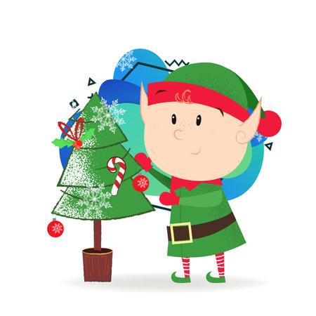 Cartoon Christmas elf postcard element design. Illustration of elf in green costume decorating fir tree. Christmas, fairy tales, cartoon character. Can be used for postcards, posters, greeting cardsのイラスト素材