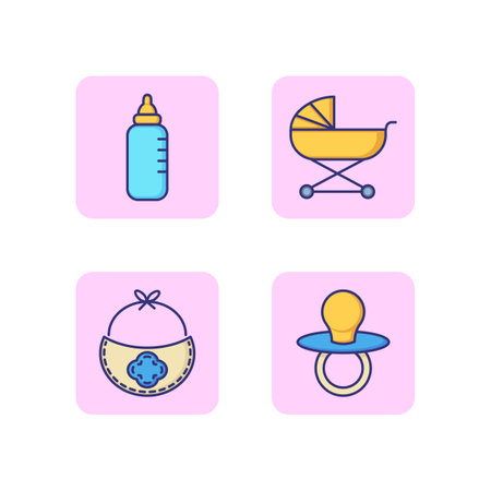 Baby accessories line icon set. Baby stroller, pacifier, bib and bottle. Care of newborn concept. Vector illustration for web design and appsのイラスト素材