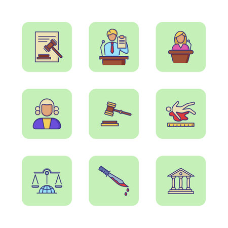 Law and criminal icons. Set of line icons on white background. Judge, murder, law. Vector illustration can be used for topics like law, criminalのイラスト素材