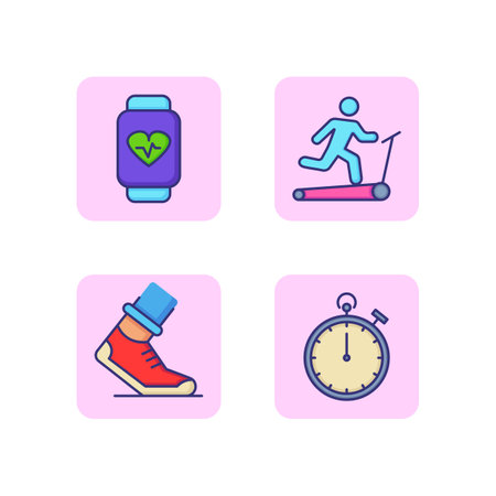 Running training line icon set. Treadmill, heart rate monitor, sneakers and stopwatch. Cardio concept. Vector illustration for web design and appsのイラスト素材