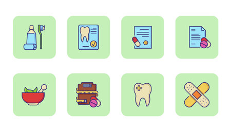 Healthcare line icons. Medicine, tooth, toothpaste, healthy food, adhesive bandage. Vector illustration can be used for topics like diet, sport, fitness, healthy lifestyleのイラスト素材