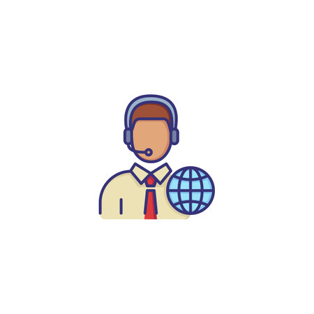 Interpreter line icon. Character in headset with globe. Translation concept. Can be used for topics like global communication, occupation, booth interpretationのイラスト素材