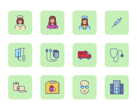 Medical icons. Set of line icons on white background. Doctor, drip feed, ambulance car. Vector illustration can be used for topics like medicine, healthcareのイラスト素材