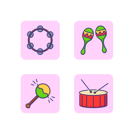 Percussion instruments line icon set. Tambourine, maracas and drum. Music party concept. Vector illustration for web design and appsのイラスト素材