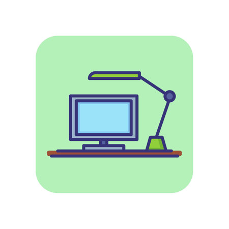 Workplace line icon. Computer, desk, lamp. Desk job concept. Can be used for topics like office equipment, workspace, seated activityのイラスト素材