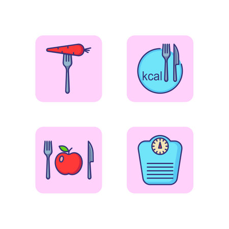 Diet plan line icon set. Kcal, eating carrots, scale and health lifestyle. Counting calories concept. Vector illustration for web design and appsのイラスト素材