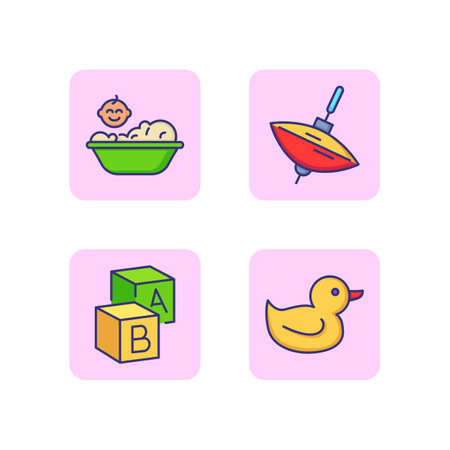 Care of newborn line icon set. Baby bath, duck toy, whirligig and toy blocks. Accessories for kids concept. Vector illustration for web design and appsのイラスト素材