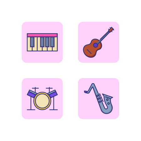 Music band line icon set. Guitar, piano, drums and saxophone. Live music concept. Vector illustration for web design and appsのイラスト素材