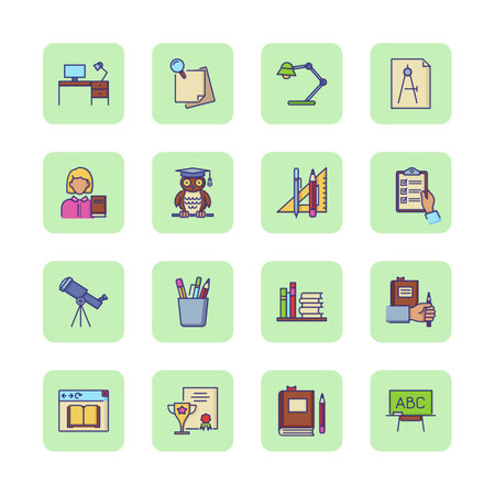 School line icon set. Telescope, table lamp, pupil, school desk. Can be used for topics like education, university, schoolのイラスト素材