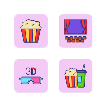 Cinema theater line icon set. 3d glasses, popcorn and takeaway cola, cinema hall. Movie concept. Vector illustrations can be used for topics like leisure, entertainmentのイラスト素材