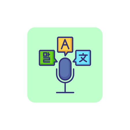 International talks line icon. Microphone and speech bubbles with letters and hieroglyphs. Translating concept. Can be used for topics like foreign language, global communication, interpretのイラスト素材