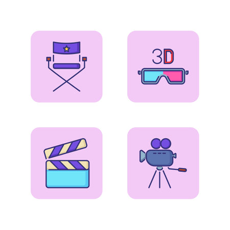 Movie production line icon set. Armchair with star, camera, 3D glasses, clapper. Moviemaking concept. Vector illustrations can be used for topics like filming, cinema, studioのイラスト素材