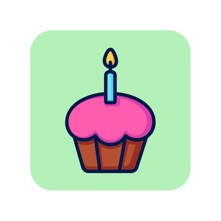 Muffin line icon. Cupcake with one candle on green background. Celebration concept. Vector...