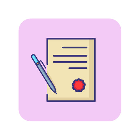 Agreement with stamp and pen line icon. Document, certificate, contract. Deal concept. Vector illustration can be used for topics like paperwork, partnership, businessのイラスト素材