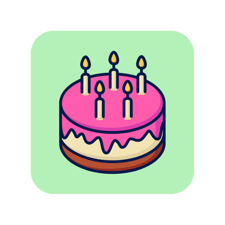 Round cake line icon. Birthday pie with candles on green background. Celebration concept. Vector illustration can be used for topics like greeting, birthday party, festivalのイラスト素材
