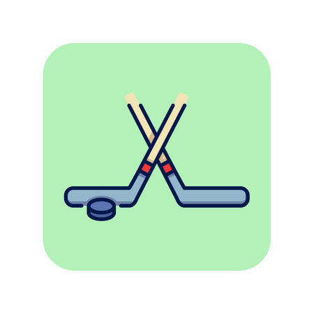 Ice hockey line icon. Hockey bandy and puck on green background. Sport concept. Vector illustration can be used for topics like sport, hockey, activityのイラスト素材