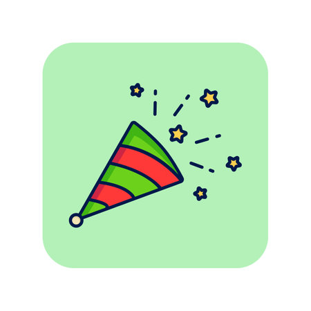 Firecracker line icon. Cap with sparkles on green background. Celebration concept. Vector illustration can be used for topics like greeting, festival, party, celebrationのイラスト素材
